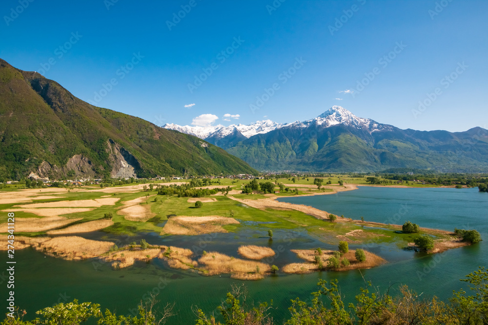 Naklejka premium aview of the marshlands and mountains on a sunny spring afternoon in Consorzio Riserva Naturale Pian di Spagna - Lago di Como