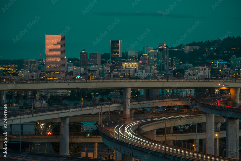 Portland Oregon cityscape view blue hour twilight 