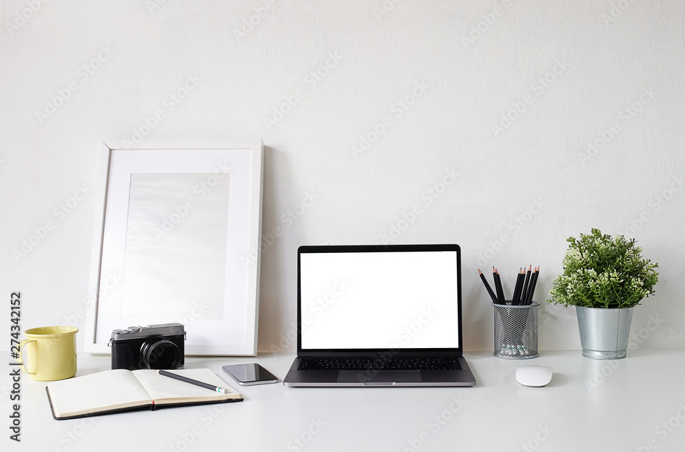 Workspace desk and laptop. copy space and blank screen. Business image, Blank screen laptop and supplies. Workspace desk and laptop. copy space and blank screen. Business image, Blank screen laptop and supplies.