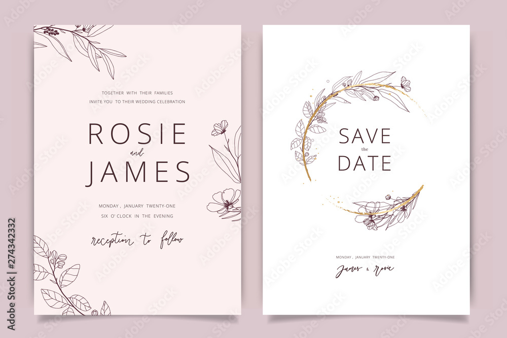 Rose gold Wedding Invitation, floral invite thank you, rsvp modern card Design in Hand drawn flower with red berry and leaf greenery  branches decorative Vector elegant rustic template