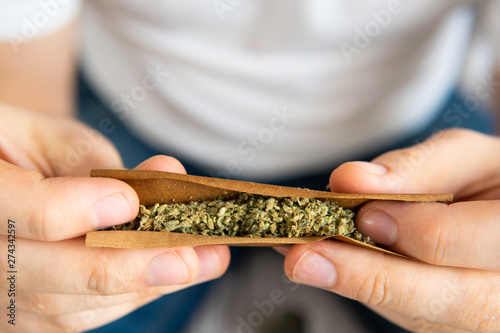 Close up of Man rolling a cannabis blunt on white background. Man preparing and rolling marijuana cannabis blunt. photo