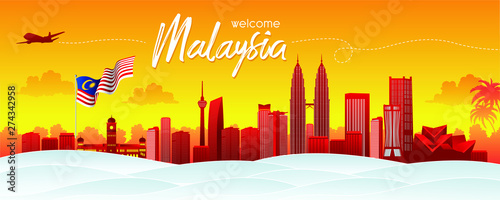 Vector design Ilustration of city of Kuala Lumpur and Malaysia flag. Malaysia Travel concept. Welcome to Malaysia.