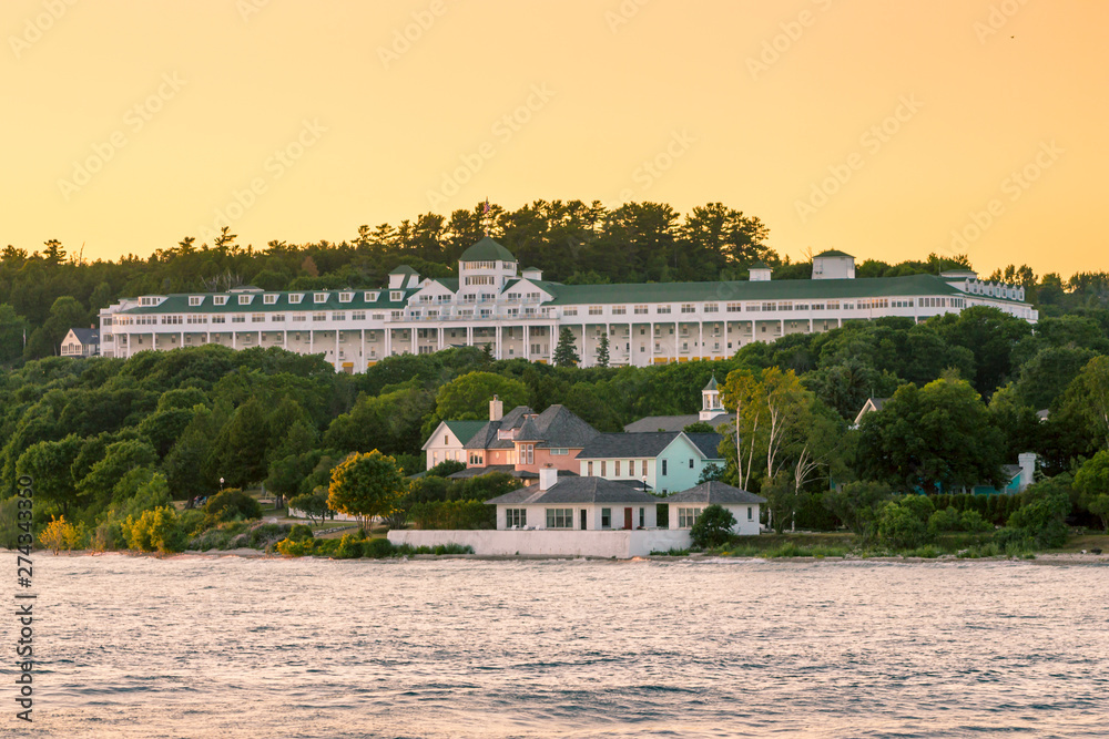 The Grand Hotel on prominent display at sunset on Mackinac Island  Michigan