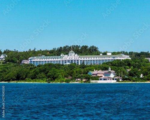 The Grand Hotel on Mackinac Island from a cruise ship sailing by the island