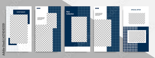 5 Set editable social media stories square post in blue indigo, black and white color, geometric shape banner template. Minimal modern stripe line design with grey background vector illustration