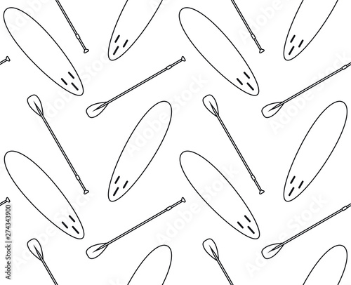 Vector seamless pattern of black line stand up puddle surf board isolated on white background 