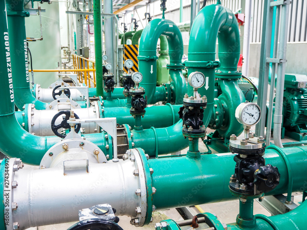 Pressure gauge of measuring instrument close up in industry zone at power plant.