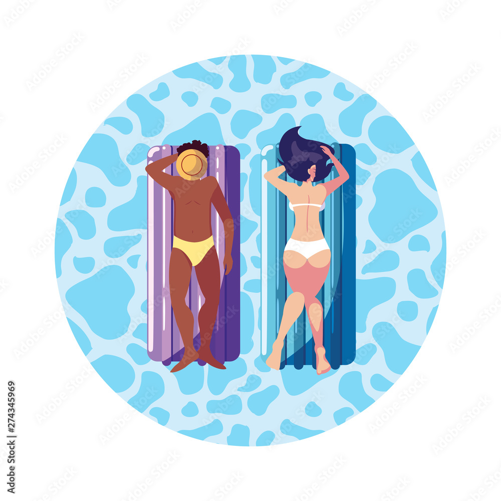interracial couple with float mattress in water