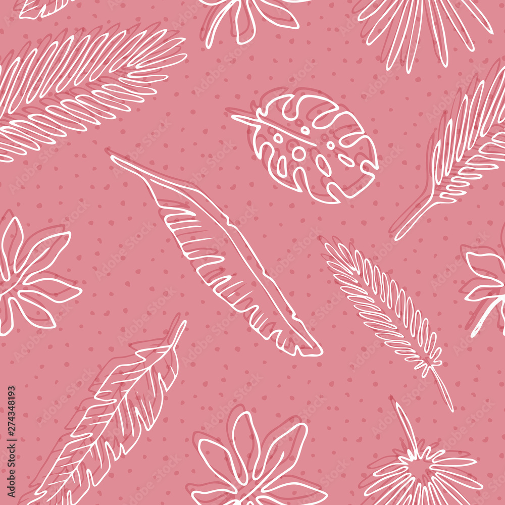 Naklejka premium pink seamless pattern with leaves of palm trees, hand drawn tropical leaves white and pink, funny sketch style with shadows. for t-shirts, prints, postcards, design.