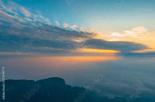 • sea of clouds in the morning sun, at the top of Emei Mountain in Sichuan Province, China