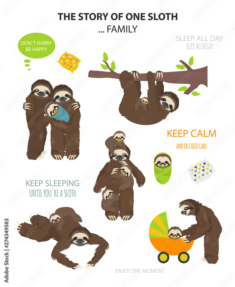 The story of one sloth. With family. Funny cartoon sloths in different  postures set Stock Vector | Adobe Stock