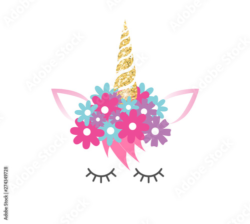 Vector flat cartoon unicorn face with golden horn isolated on white background