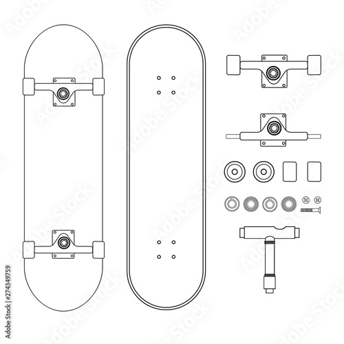 Vector flat line drawn set collection of skateboard parts isolated on white background