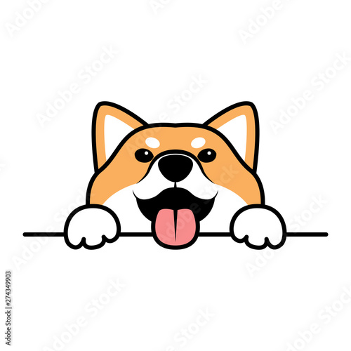 Cute shiba inu dog paws up over wall, dog face cartoon, vector illustration