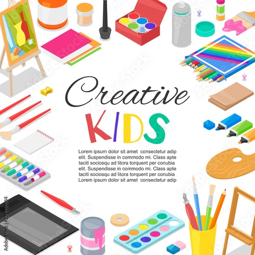 Kids created art, education, creativity class concept. Vector banner, poster or frame background with lettering, pencil, brush, paints and watercolor creative art supplies.