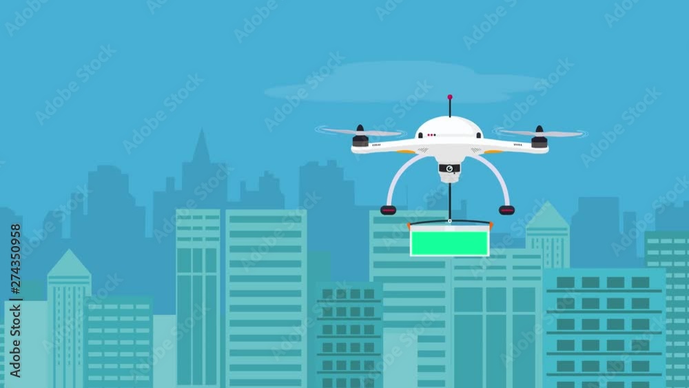 A Drone Flying From Right to Left of Screen is Shown Delivering Supplies Box with a Green Customizable Patch on the Box for Your Branding and a City is Shown in the Background A Drone Flying From Right to Left of Screen is Shown Delivering Supplies Box with a Green Customizable Patch on the Box for Your Branding and a City is Shown in the Background