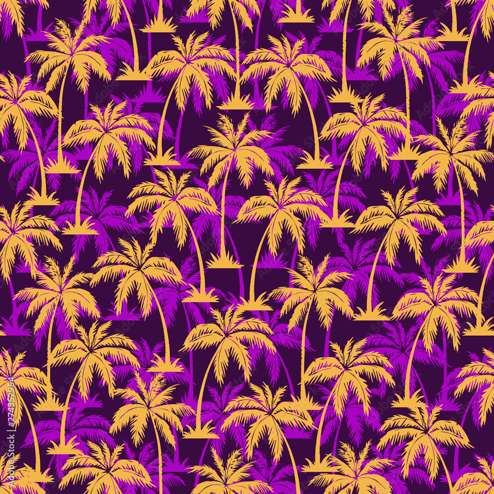 Palm tree seamless pattern. Hawaiian palm trees repeating pattern. Yellow on purple background. Vector illustration. for print, textile, web, home decor, fashion, surface, graphic design Palm tree seamless pattern. Hawaiian palm trees repeating pattern. Yellow on purple background. Vector illustration. for print, textile, web, home decor, fashion, surface, graphic design