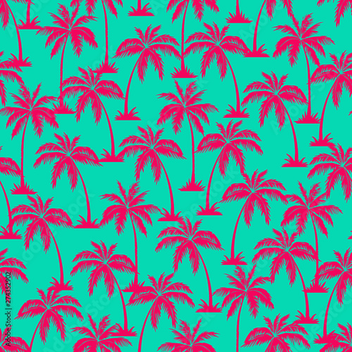 Palm tree seamless pattern. Hawaiian palm trees repeating pattern. Purple on teal background. Vector illustration. for print, textile, web, home decor, fashion, surface, graphic design