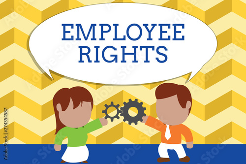 Word writing text Employee Rights. Business photo showcasing All employees have basic rights in their own workplace Standing young couple sharing gear. Man tie woman skirt commerce relation photo