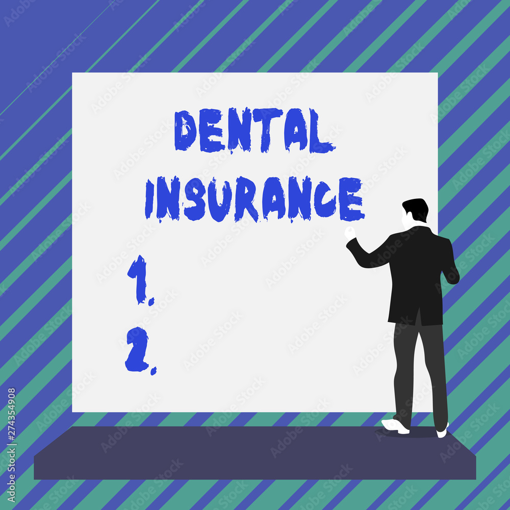 Obraz premium Writing note showing Dental Insurance. Business concept for form of health designed to pay portion or full of costs Short hair immature young man stand in front of rectangle big board