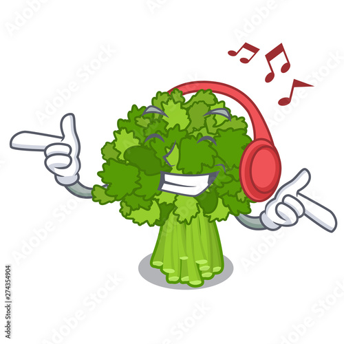 Listening music rabe broccoli in vegetable mascot basket
