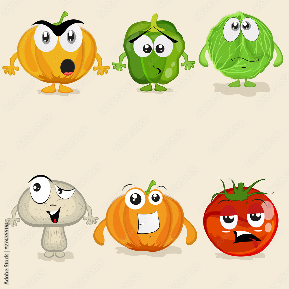Set of colorful vegetable cartoon characters. Set of colorful vegetable cartoon characters.
