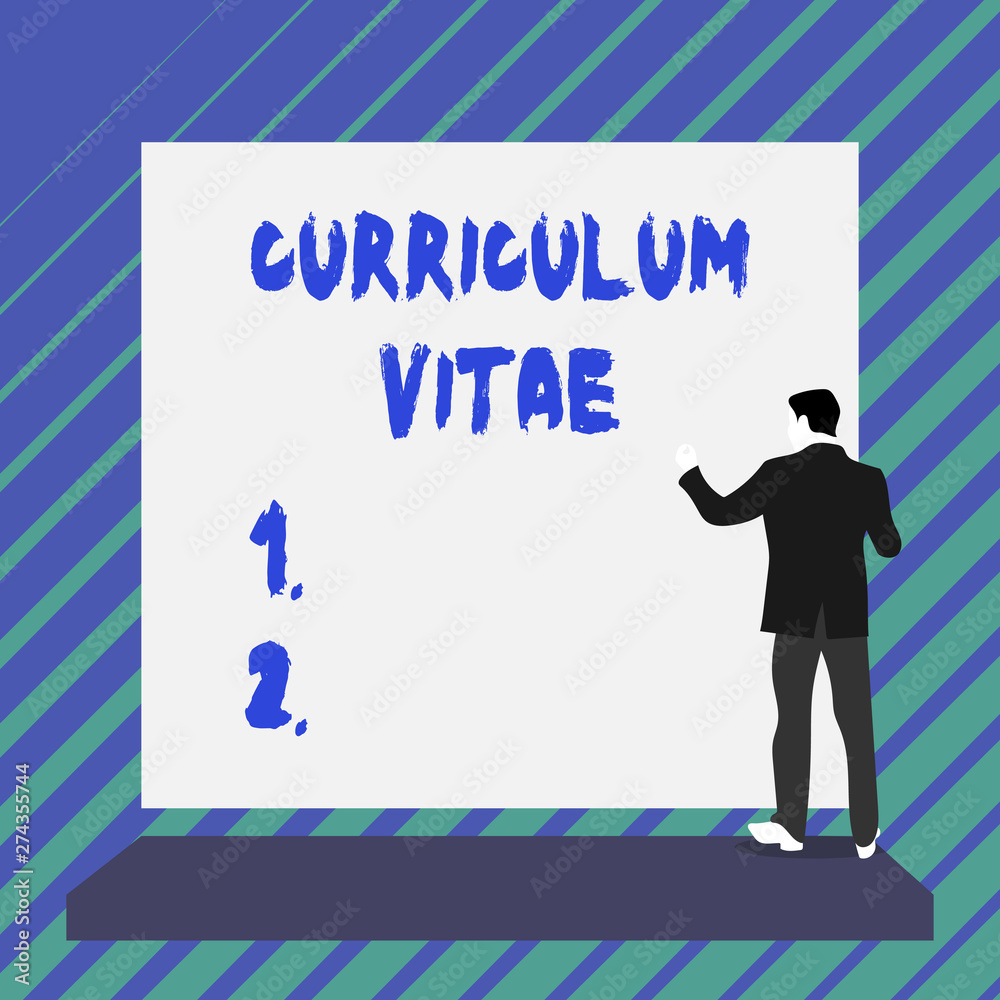 Writing note showing Curriculum Vitae. Business concept for overview of demonstrating qualifications for job opportunity Short hair immature young man stand in front of rectangle big board Writing note showing Curriculum Vitae. Business concept for overview of demonstrating qualifications for job opportunity Short hair immature young man stand in front of rectangle big board