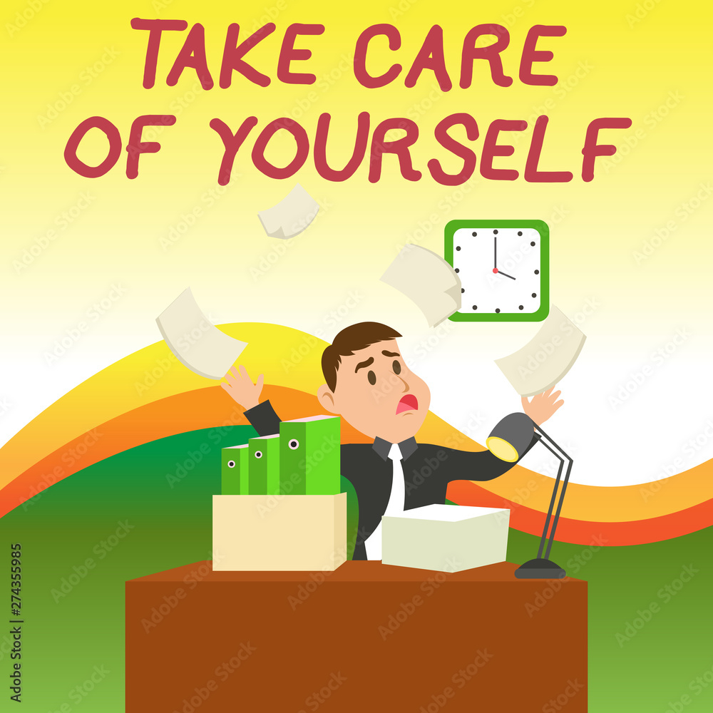 Text sign showing Take Care Of Yourself. Business photo text a polite way of ending a gettogether or conversation Confused Male Employee Manager Cluttered Workspace Overflow Time Shortage Text sign showing Take Care Of Yourself. Business photo text a polite way of ending a gettogether or conversation Confused Male Employee Manager Cluttered Workspace Overflow Time Shortage