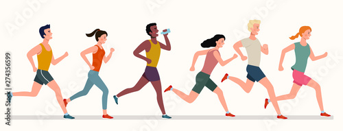 Young people running marathon. Vector flat style illustration