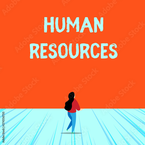 Conceptual hand writing showing Huanalysis Resources. Concept meaning The showing who make up the workforce of an organization Young long hair woman holding blank square announcement design