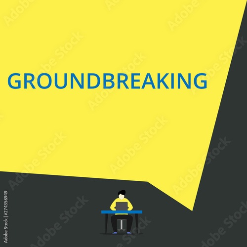 Handwriting text Groundbreaking. Conceptual photo Very new and a big change from other things of its type View young man sitting chair desk working open laptop geometric background photo