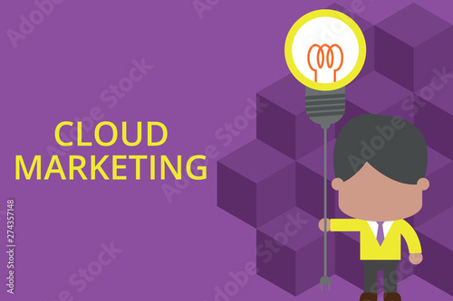 Handwriting text writing Cloud Marketing. Conceptual photo The process of an organisation to market their services Standing man tie holding plug socket light bulb to connect idea. Startup