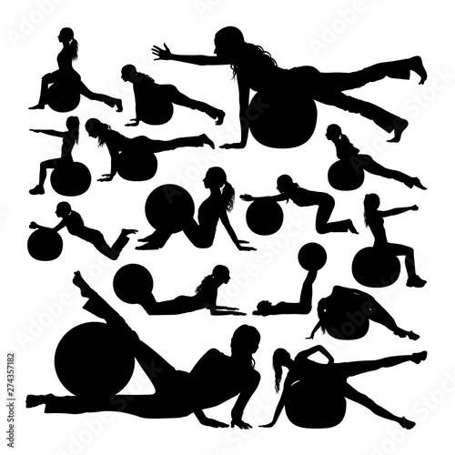 Woman exercise with pilates ball silhouettes. Good use for symbol, logo, web icon, mascot, sign, or any design you want.