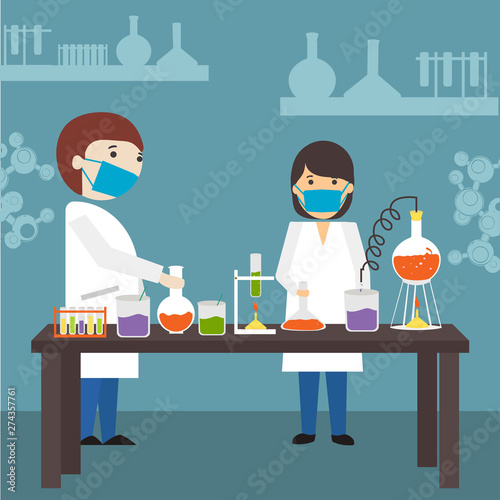 Cartoon of a scientists in laboratory.