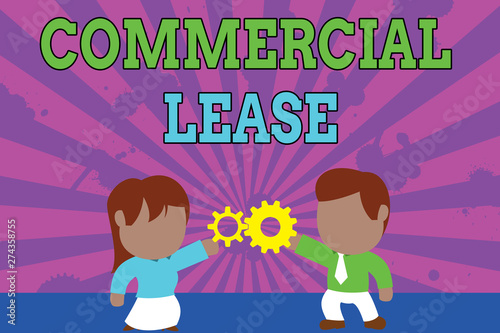 Conceptual hand writing showing Commercial Lease. Concept meaning refers to buildings or land intended to generate a profit Young couple sharing gear Man tie woman skirt relation