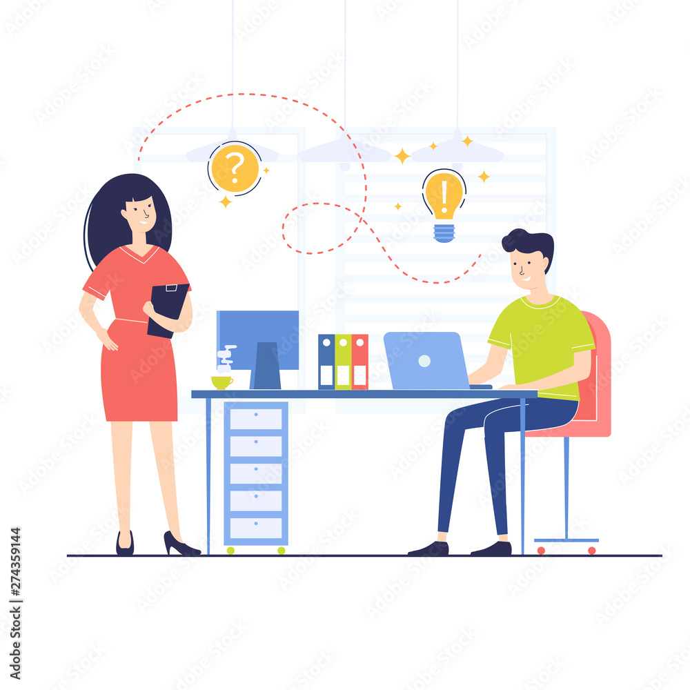 Young businessman and girl in the office interior near desk, computer and folders. Business question and success concept. New idea. Vector flat illustration. Coworking place