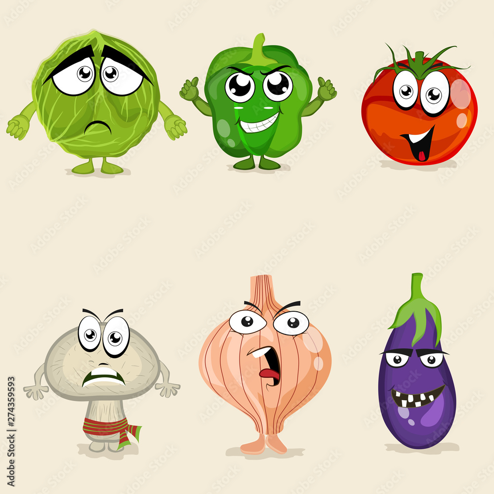 Set of colorful vegetable cartoon characters. Set of colorful vegetable cartoon characters.