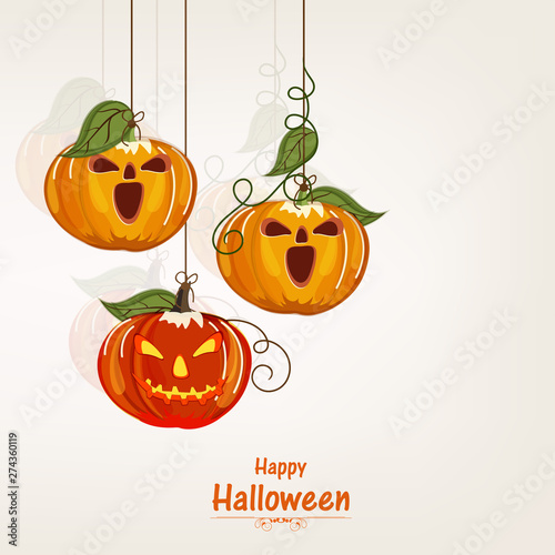 Happy Halloween celebration with hanging pumpkins.