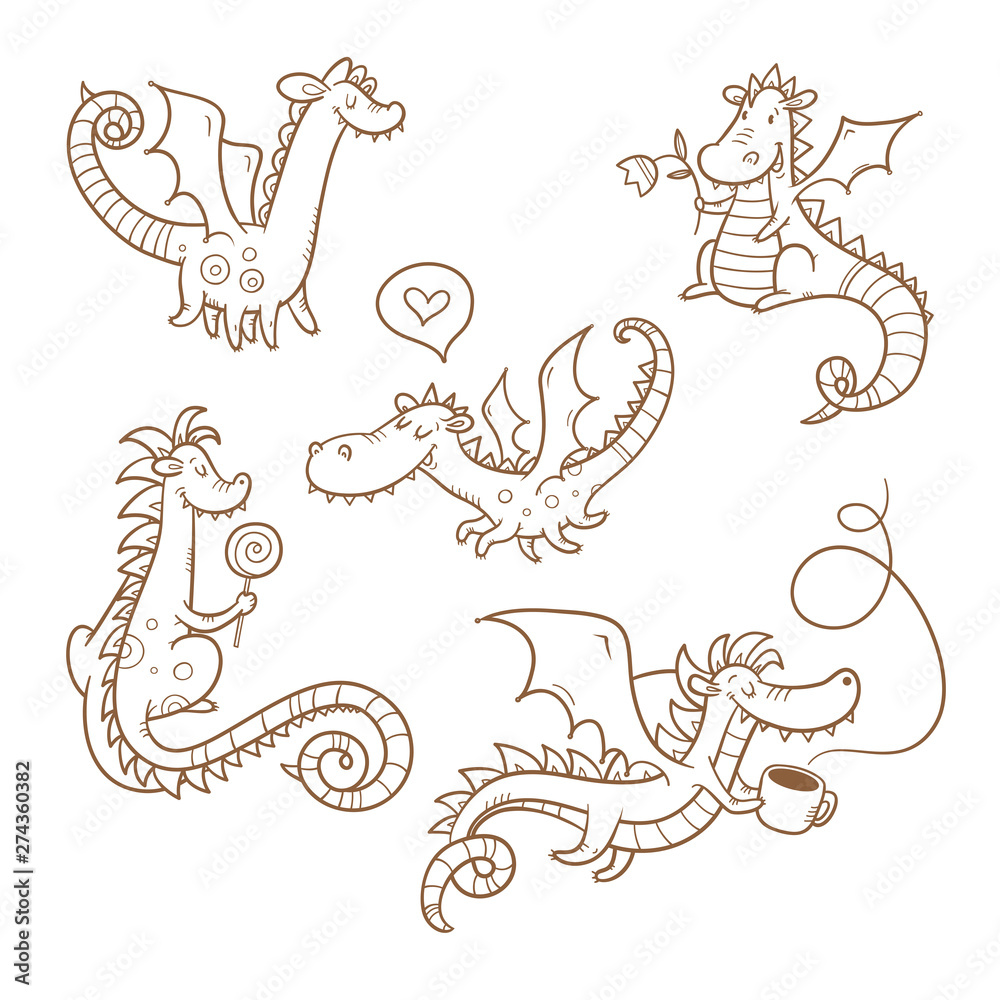 Cartoon dragons set. Cute animals. Vector contour image.