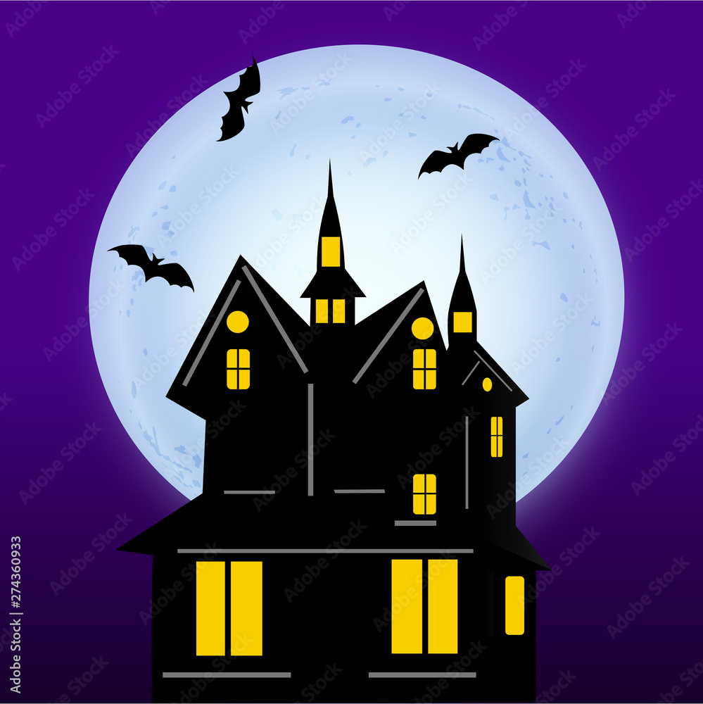 Halloween party celebration with haunted house and flying bat.