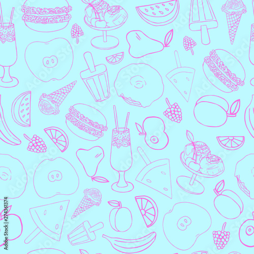 Seamless pattern with summer snack and fruit. Pink neon contour on a turquoise background. Apricot  donut  ice cream  apple  burger  cocktail  pear  watermelon  banana  orange  blackberry  raspbe