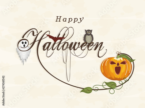 Happy Halloween party celebration poster with owl and scary pumpkin.