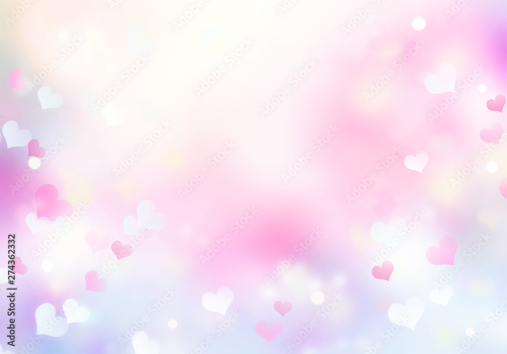 Soft colors pink violet blurred bokeh hearts background,valentine texture.