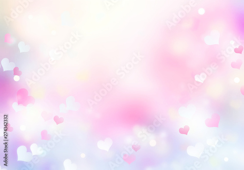 Soft colors pink violet blurred bokeh hearts background,valentine texture. © nys