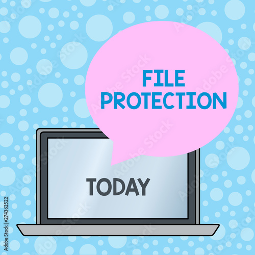 Writing note showing File Protection. Business concept for Preventing accidental erasing of data using storage medium Round Shape Speech Bubble Floating Over Laptop Backdrop photo