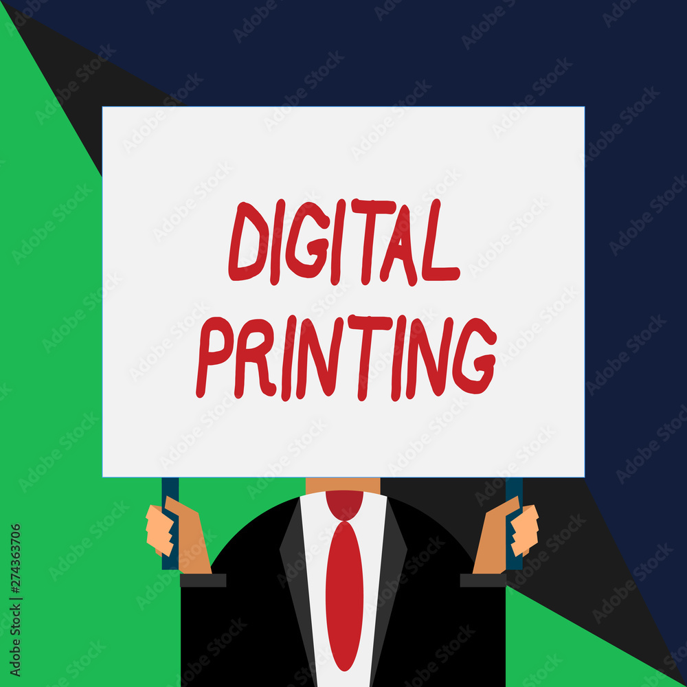 Conceptual hand writing showing Digital Printing. Concept meaning digital based images directly to variety of media Just man chest dark suit tie no face holding blank rectangle Conceptual hand writing showing Digital Printing. Concept meaning digital based images directly to variety of media Just man chest dark suit tie no face holding blank rectangle