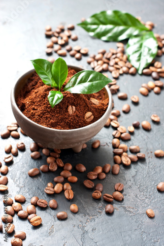 Ground coffee in ceramic bowl