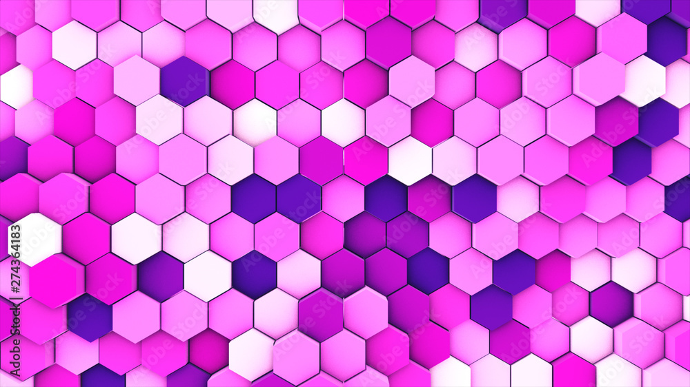 3d render abstract colorful many technical geometric hexagons as a wave white and pink background. lights ray shine glow beam