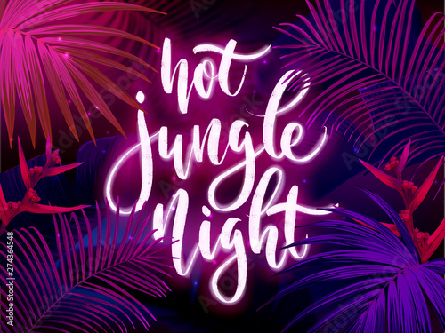 Dark blue and violet tropical party design with palm leaves and neon letters. Summer night vector illustration.