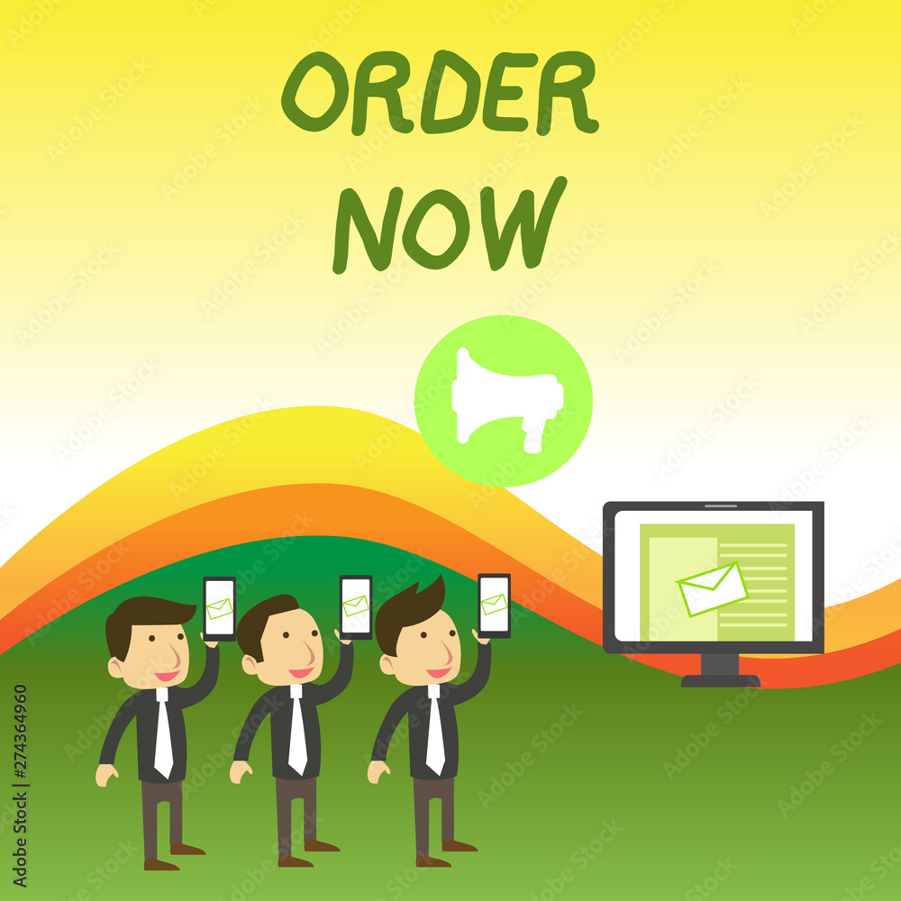 Conceptual hand writing showing Order Now. Concept meaning the activity of asking for goods or services from a company SMS Email Marketing Media Audience Attraction PC Loudspeaker Conceptual hand writing showing Order Now. Concept meaning the activity of asking for goods or services from a company SMS Email Marketing Media Audience Attraction PC Loudspeaker